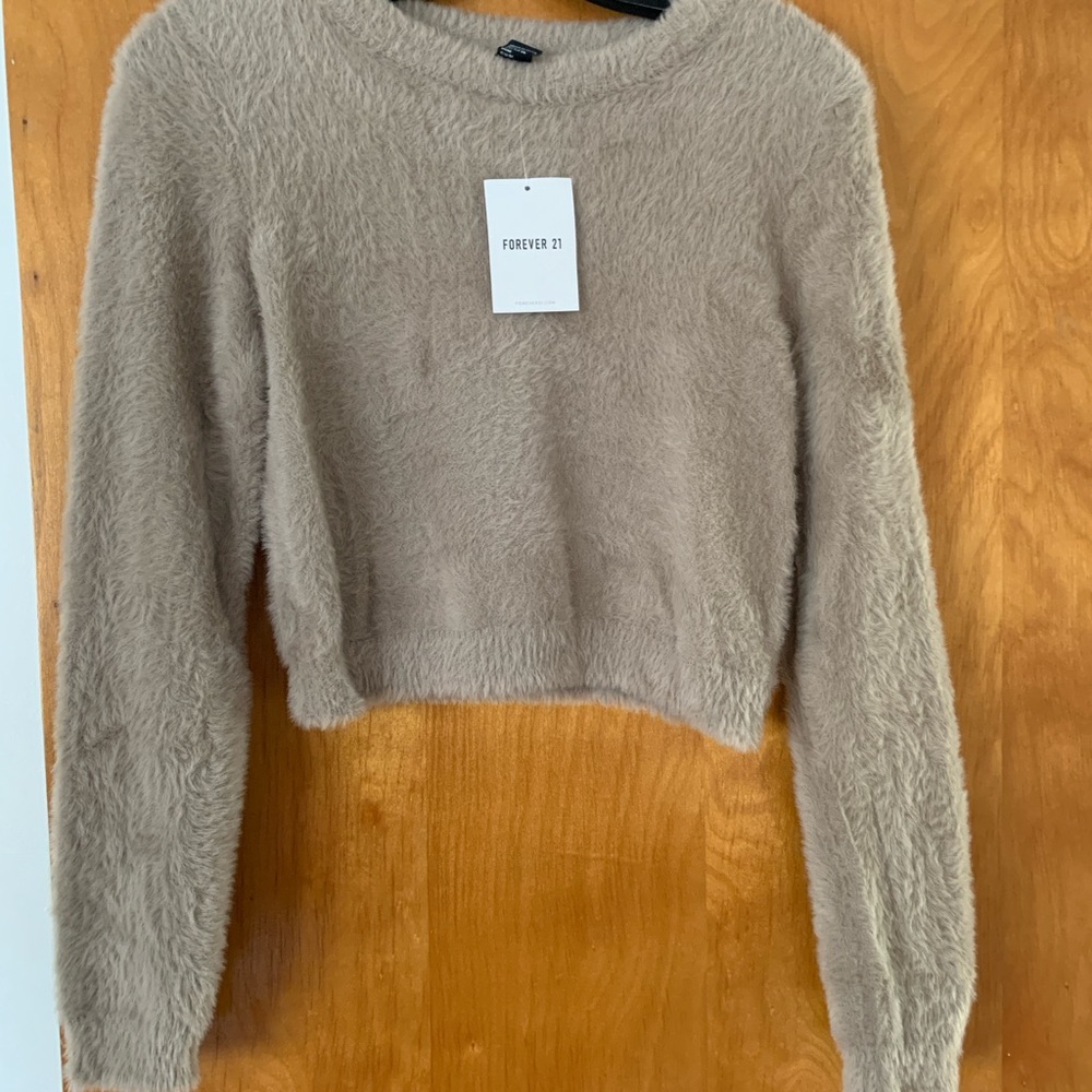 Forever 21 Women's Beige Fuzzy Crew Neck Sweater